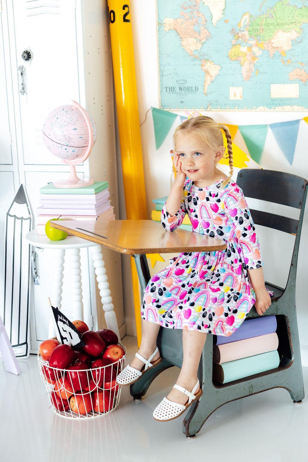 Peace, Love & Pandacorns 3/4 Sleeve Pocket Twirl Dress - Aaria Tees Aaria Tees