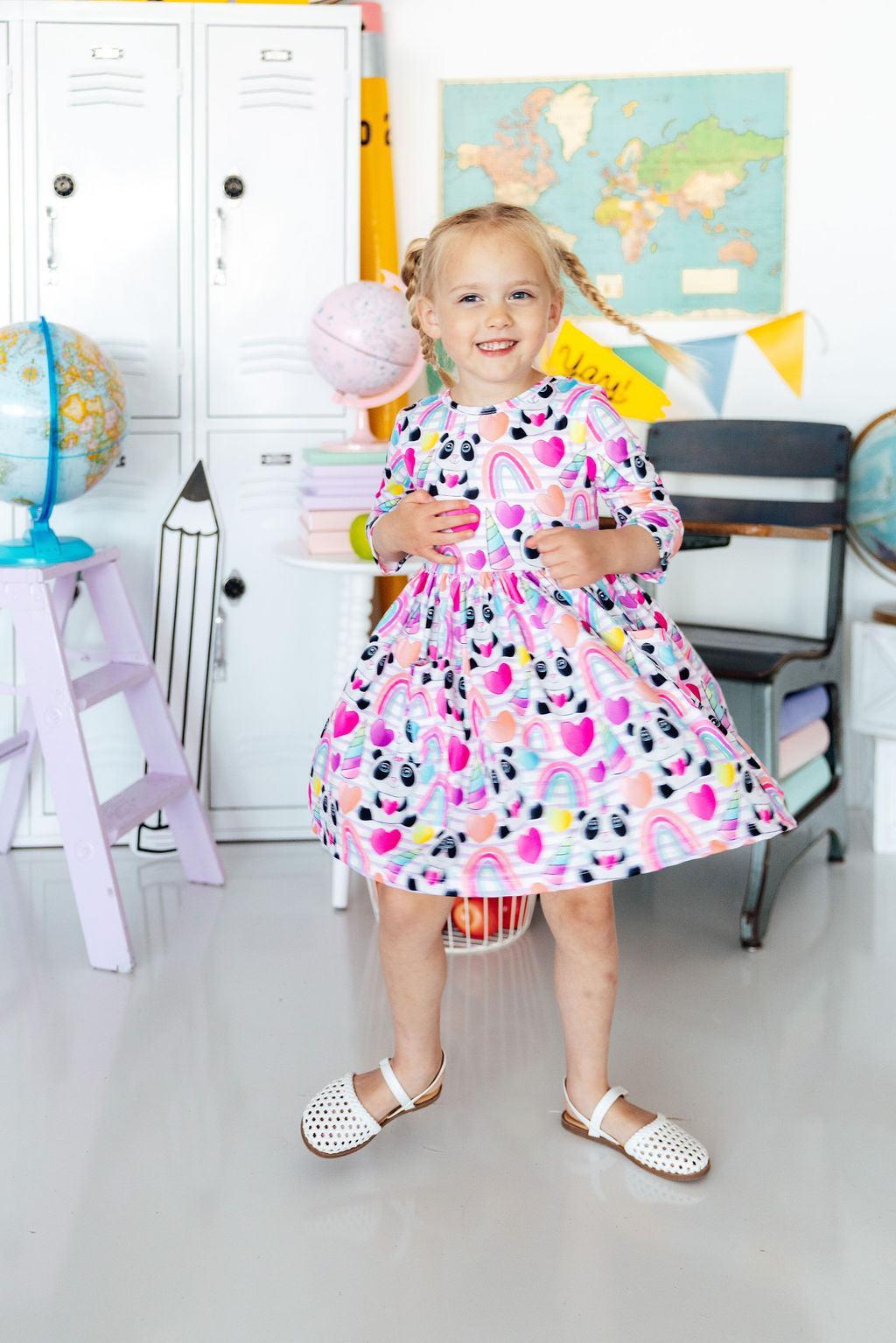 Peace, Love & Pandacorns 3/4 Sleeve Pocket Twirl Dress - Aaria Tees Aaria Tees