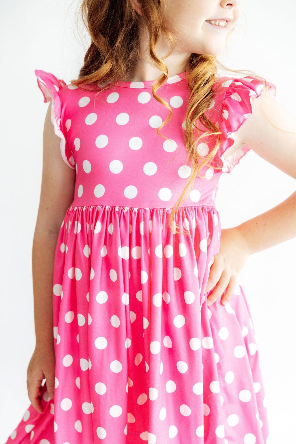 Pink Polka Dots Flutter Sleeve Twirl Dress - Aaria Tees Aaria Tees