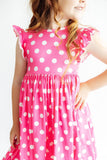 Pink Polka Dots Flutter Sleeve Twirl Dress - Aaria Tees Aaria Tees