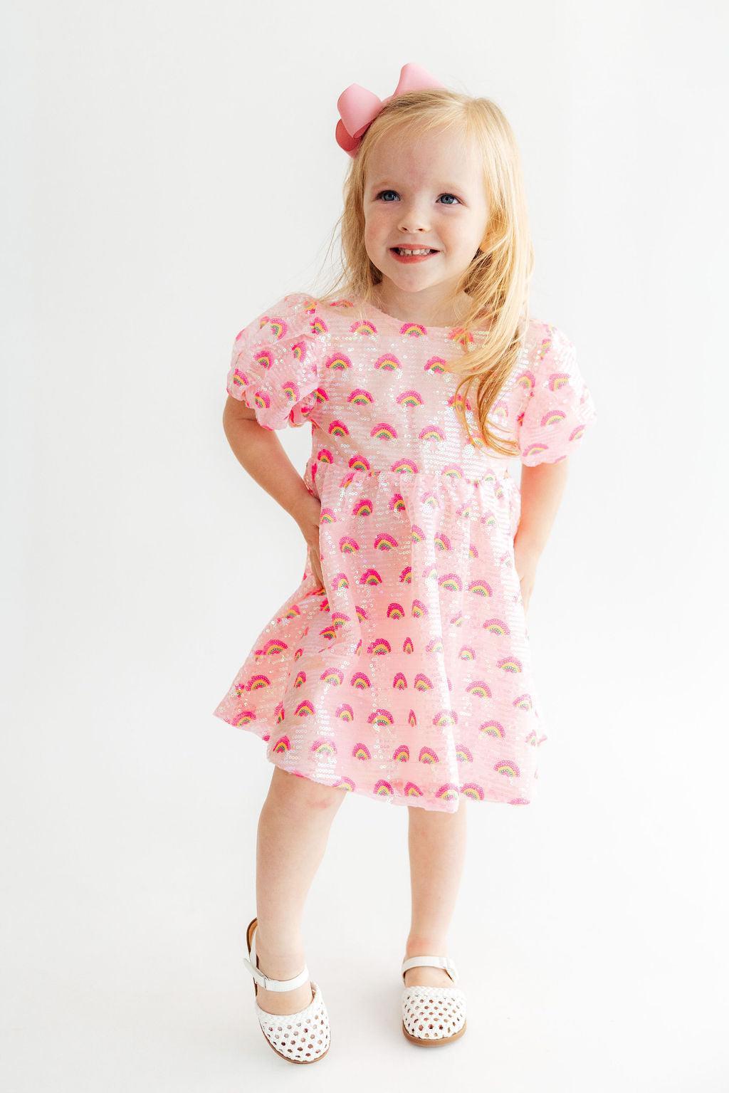 Pink Rainbow Puff Sleeve Sequin Dress - Aaria Tees Aaria Tees