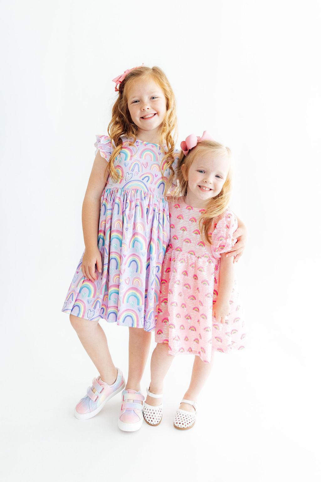 Pink Rainbow Puff Sleeve Sequin Dress - Aaria Tees Aaria Tees