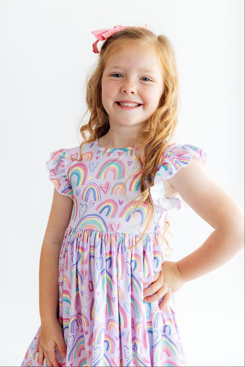 Rainbow Dreams Flutter Sleeve Twirl Dress - Aaria Tees Aaria Tees