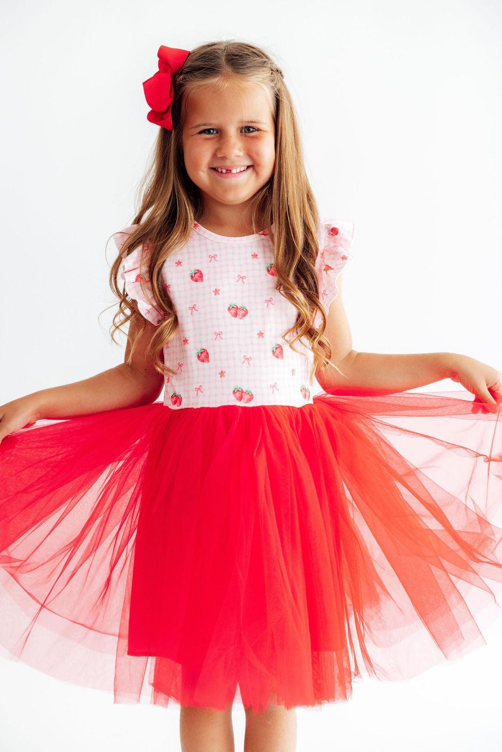 Summer Strawberries Flutter Sleeve Tutu Dress - Aaria Tees Aaria Tees