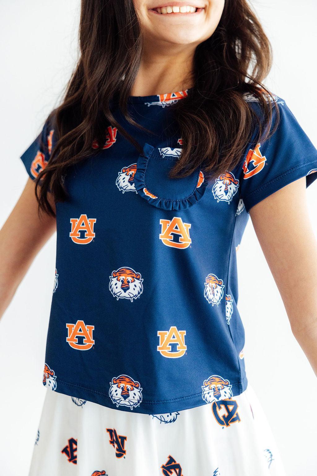 Auburn Blue Aubie Ruffle Pocket Tee - Aaria Tees Aaria Tees