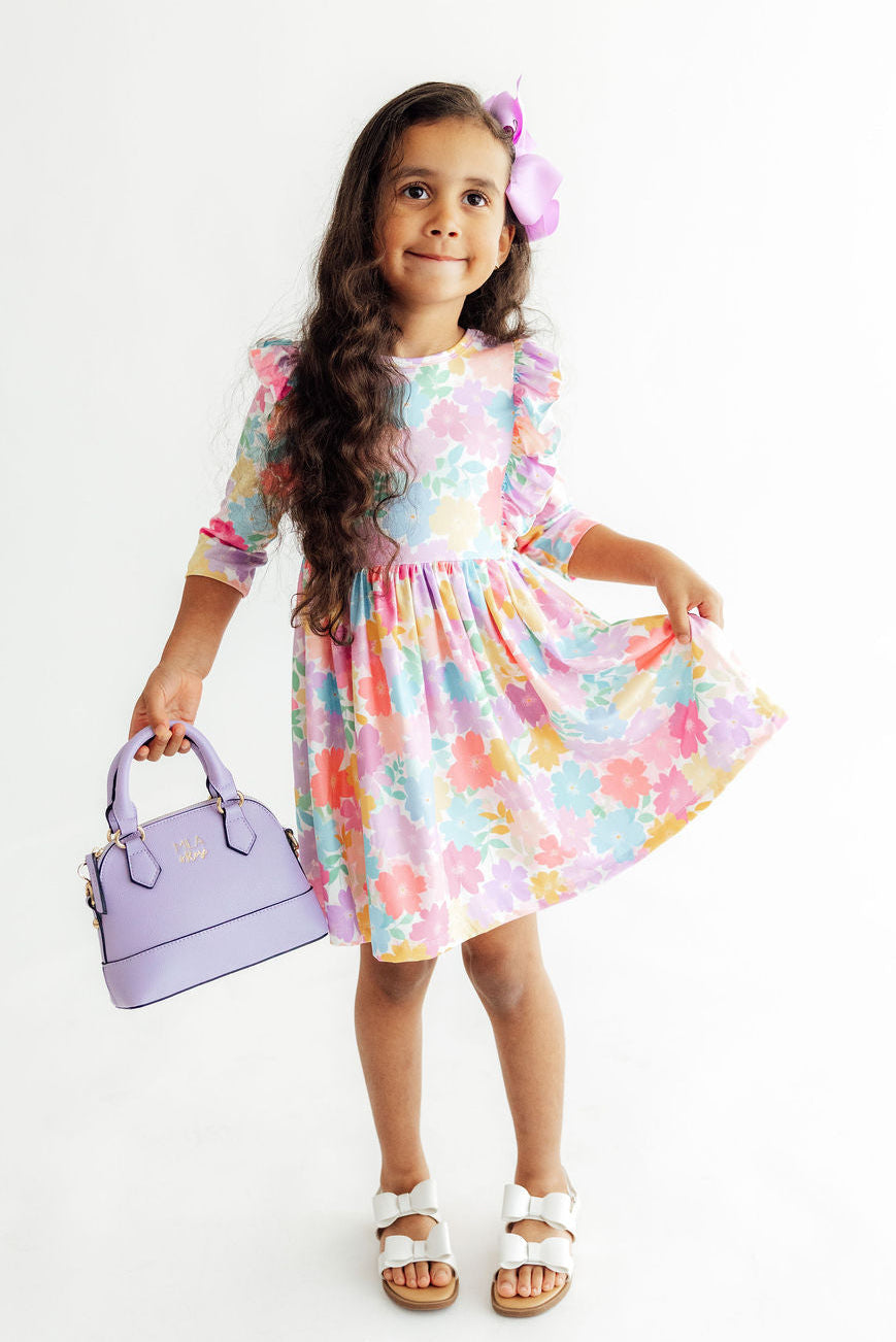 Colorful Carnations 3/4 Sleeve Ruffle Twirl Dress - Aaria Tees Aaria Tees