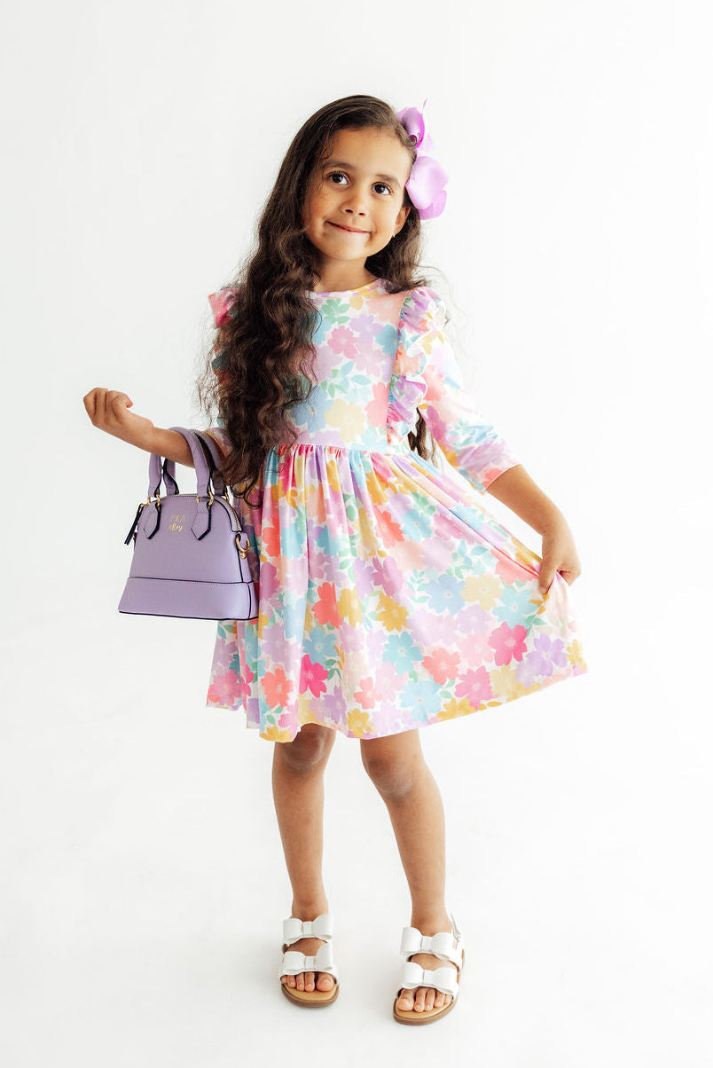 Colorful Carnations 3/4 Sleeve Ruffle Twirl Dress - Aaria Tees