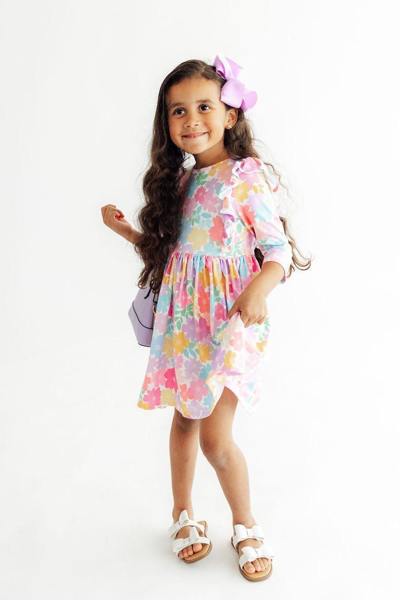 Colorful Carnations 3/4 Sleeve Ruffle Twirl Dress - Aaria Tees Aaria Tees