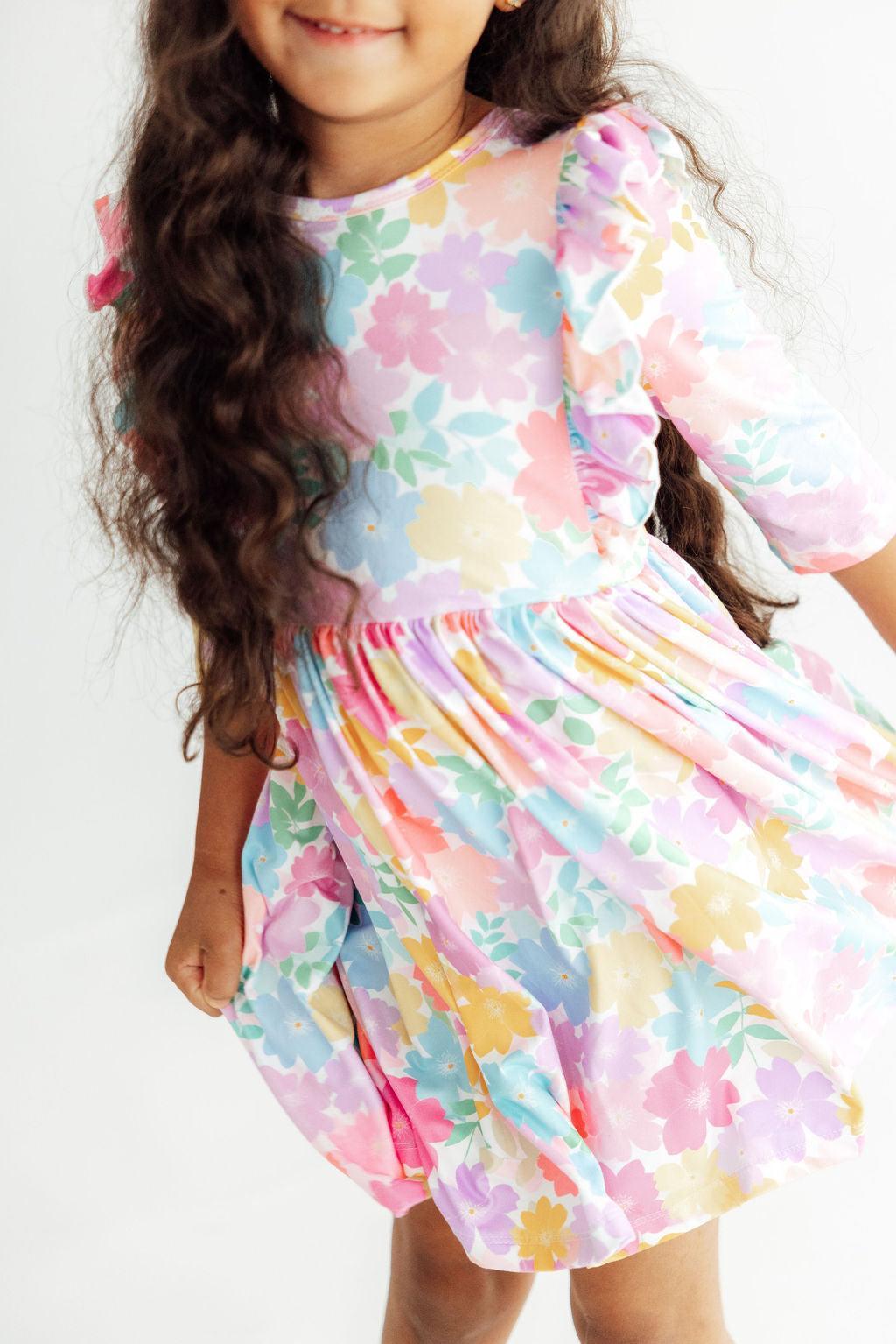 Colorful Carnations 3/4 Sleeve Ruffle Twirl Dress - Aaria Tees Aaria Tees