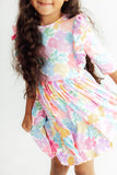 Colorful Carnations 3/4 Sleeve Ruffle Twirl Dress - Aaria Tees Aaria Tees