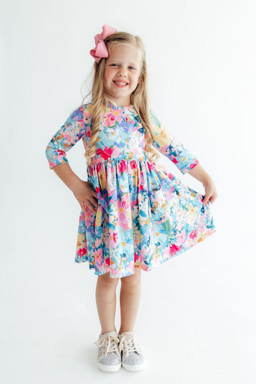 Flower Market 3/4 Sleeve Pocket Twirl Dress - Aaria Tees Aaria Tees