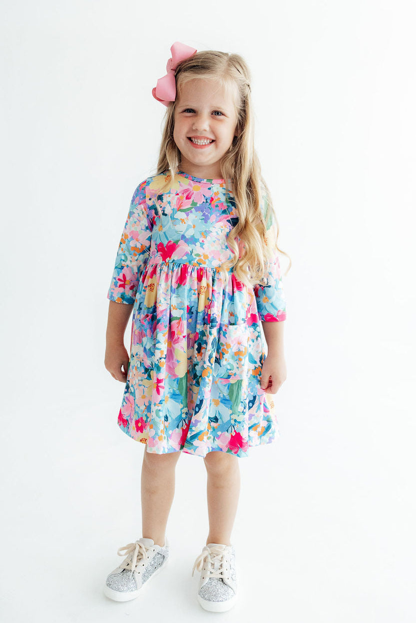 Flower Market 3/4 Sleeve Pocket Twirl Dress - Aaria Tees Aaria Tees