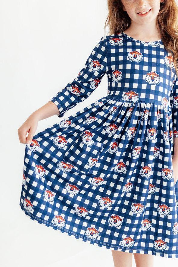 Auburn Plaid Aubie 3/4 Sleeve Pocket Twirl Dress - Aaria Tees Aaria Tees