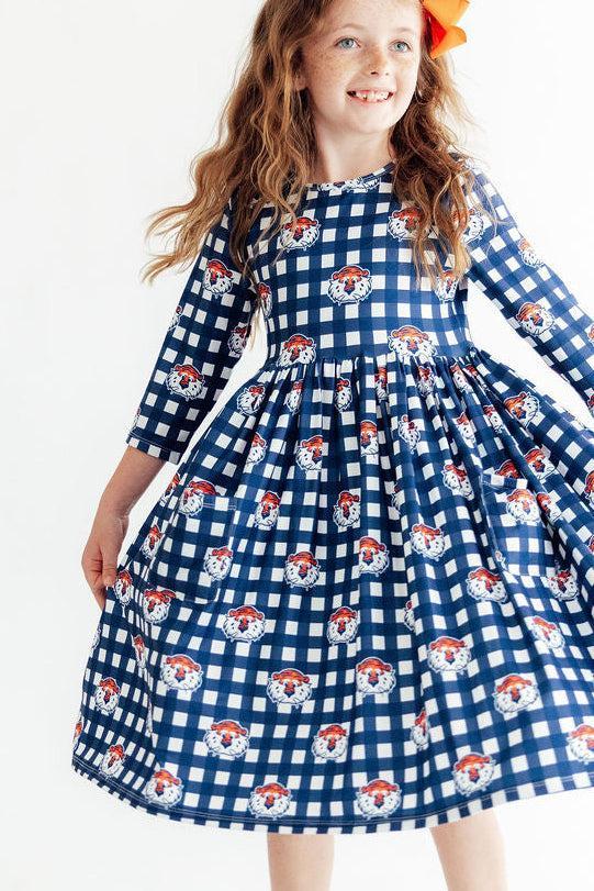 Auburn Plaid Aubie 3/4 Sleeve Pocket Twirl Dress - Aaria Tees Aaria Tees
