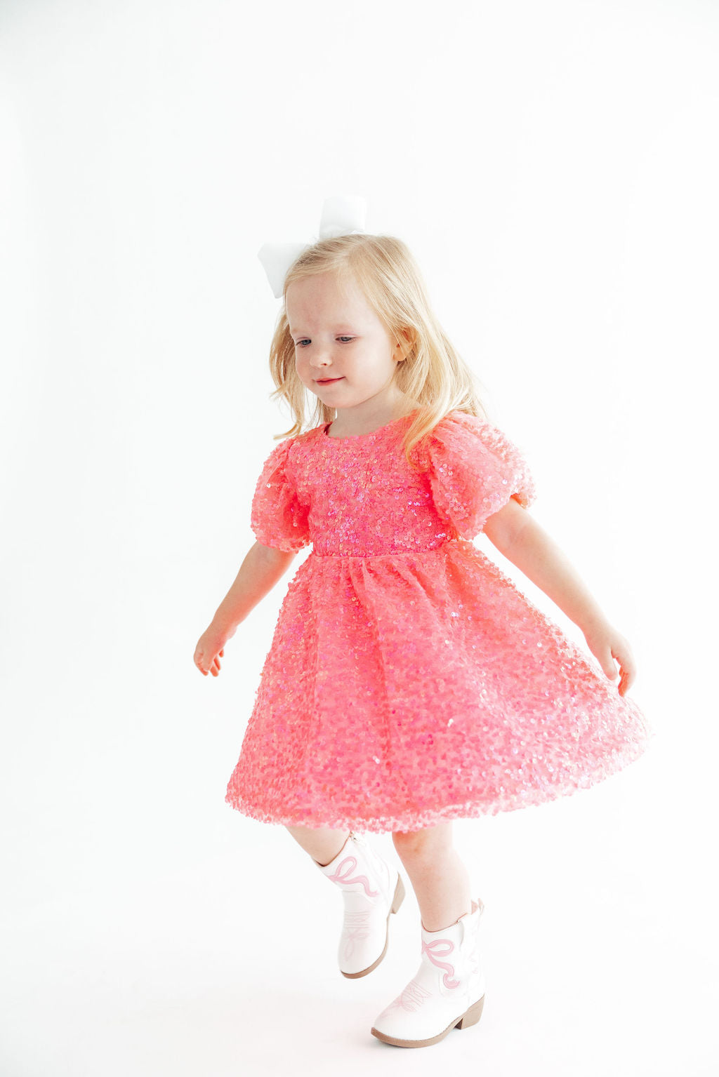 Neon Pink Puff Sleeve Sequin Dress - Aaria Tees Aaria Tees
