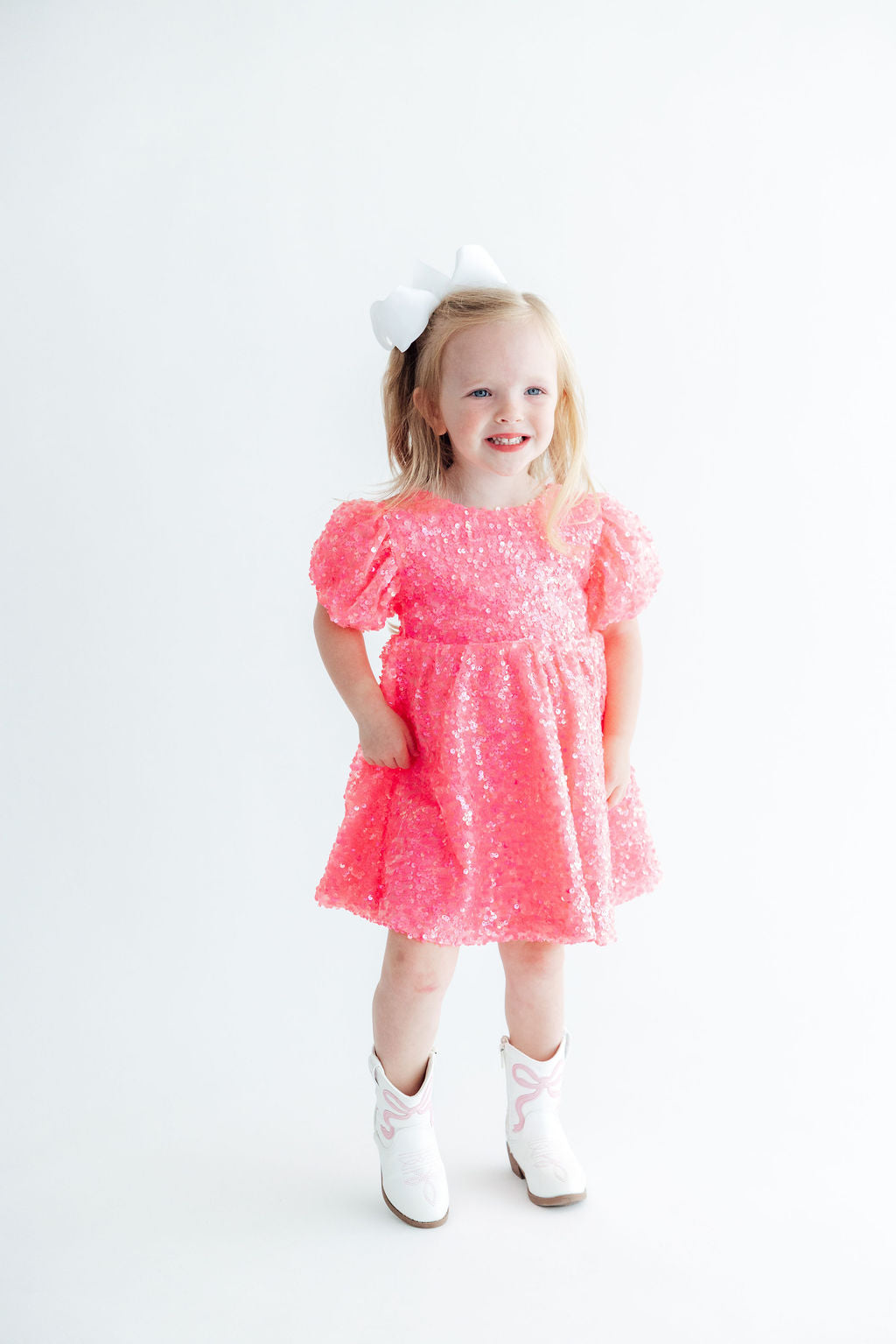 Neon Pink Puff Sleeve Sequin Dress - Aaria Tees Aaria Tees