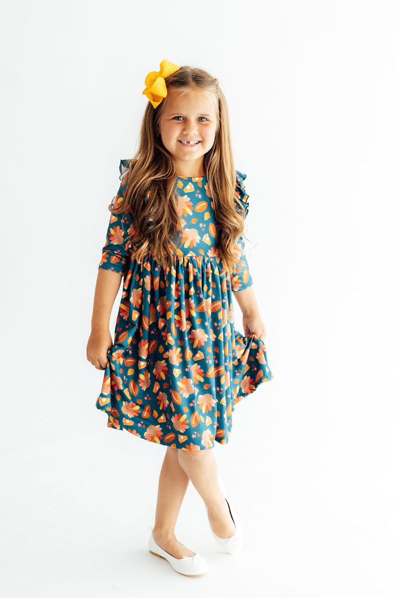 Gobble til You Wobble 3/4 Sleeve Ruffle Twirl Dress - Aaria Tees Aaria Tees