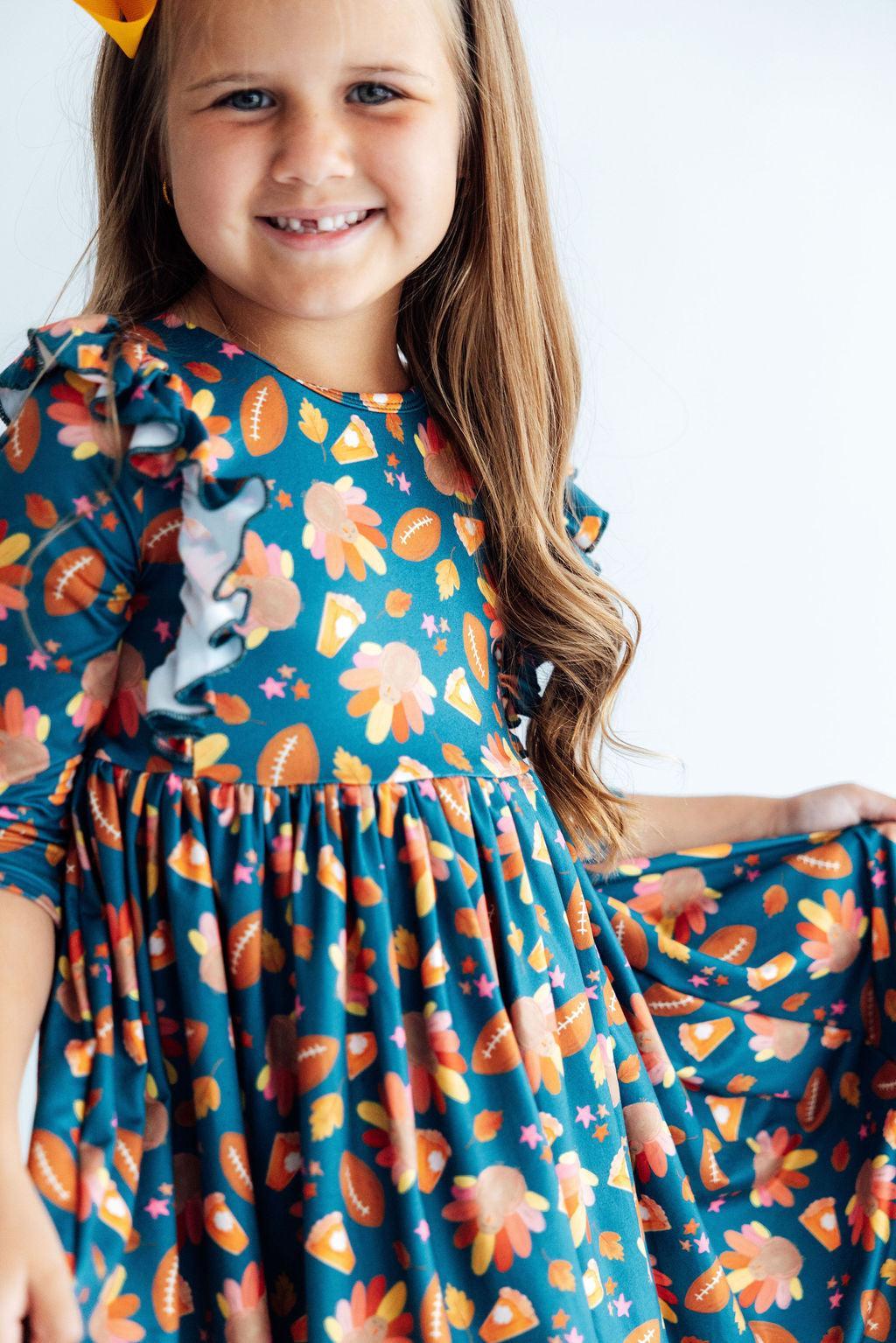Gobble til You Wobble 3/4 Sleeve Ruffle Twirl Dress - Aaria Tees Aaria Tees