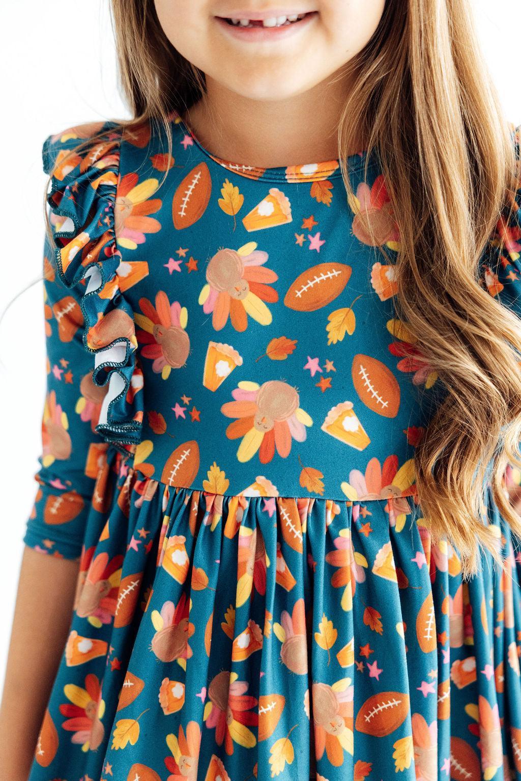 Gobble til You Wobble 3/4 Sleeve Ruffle Twirl Dress - Aaria Tees Aaria Tees