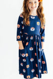 Auburn Blue Aubie 3/4 Sleeve Pocket Twirl Dress - Aaria Tees Aaria Tees