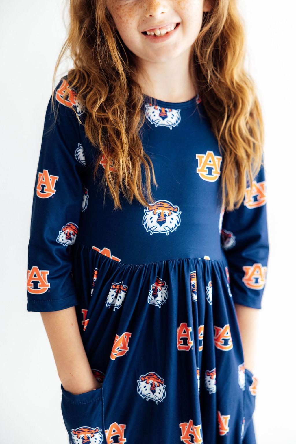 Auburn Blue Aubie 3/4 Sleeve Pocket Twirl Dress - Aaria Tees Aaria Tees