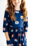 Auburn Blue Aubie 3/4 Sleeve Pocket Twirl Dress - Aaria Tees Aaria Tees