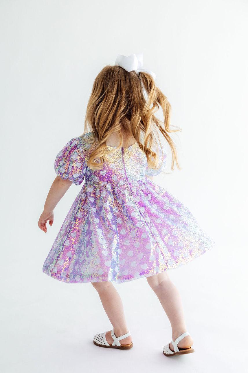 Periwinkle Heart Puff Sleeve Sequin Dress - Aaria Tees Aaria Tees