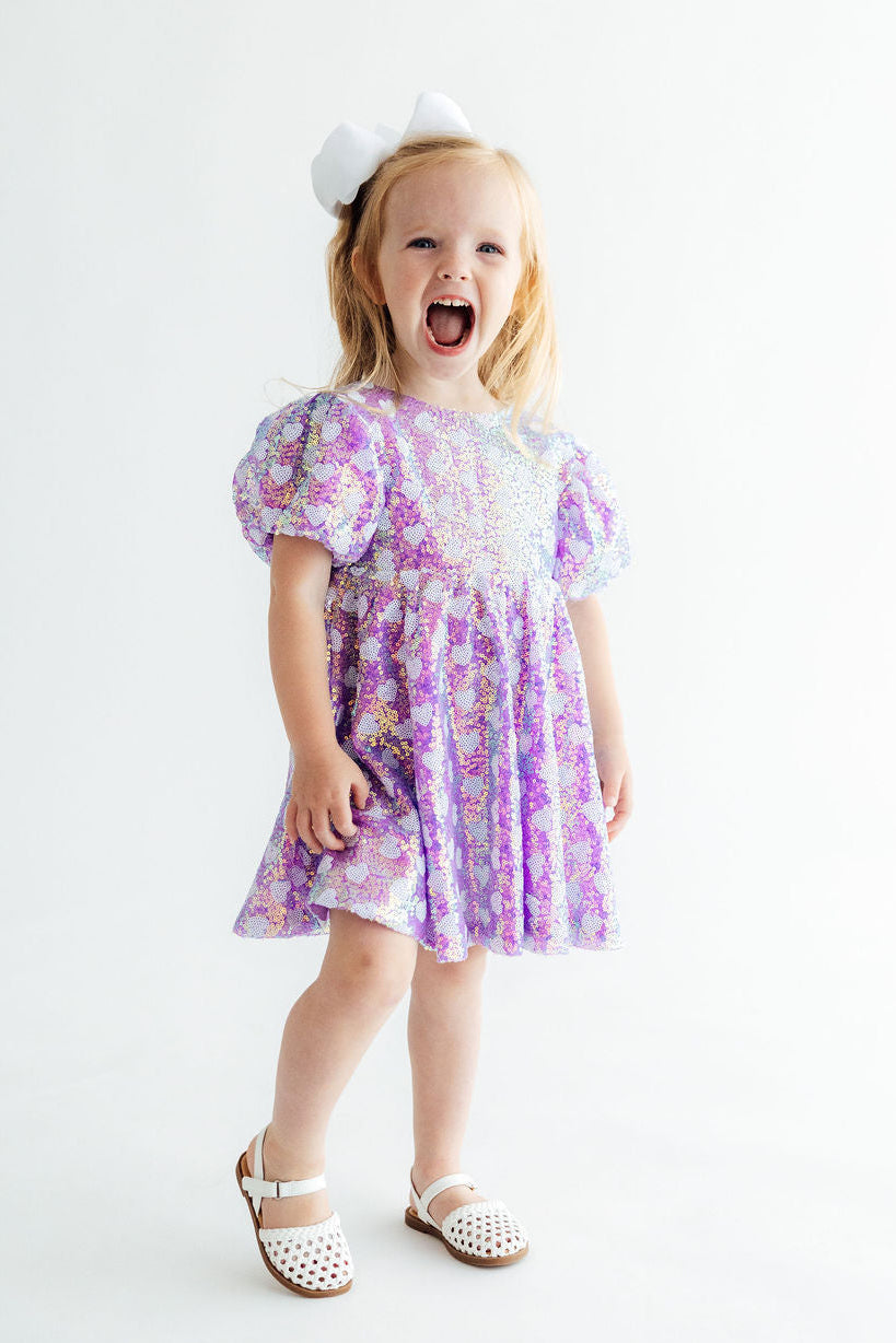 Periwinkle Heart Puff Sleeve Sequin Dress - Aaria Tees Aaria Tees