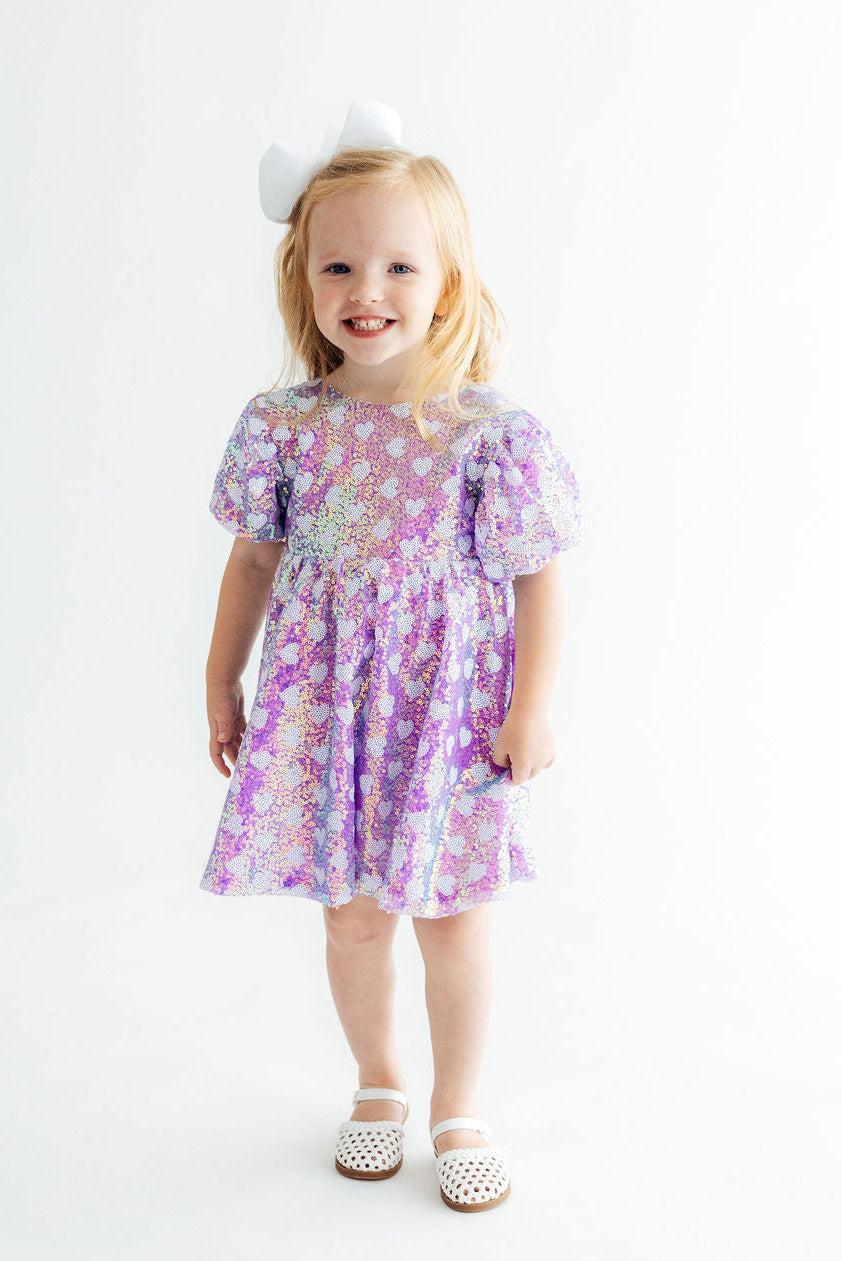 Periwinkle Heart Puff Sleeve Sequin Dress - Aaria Tees