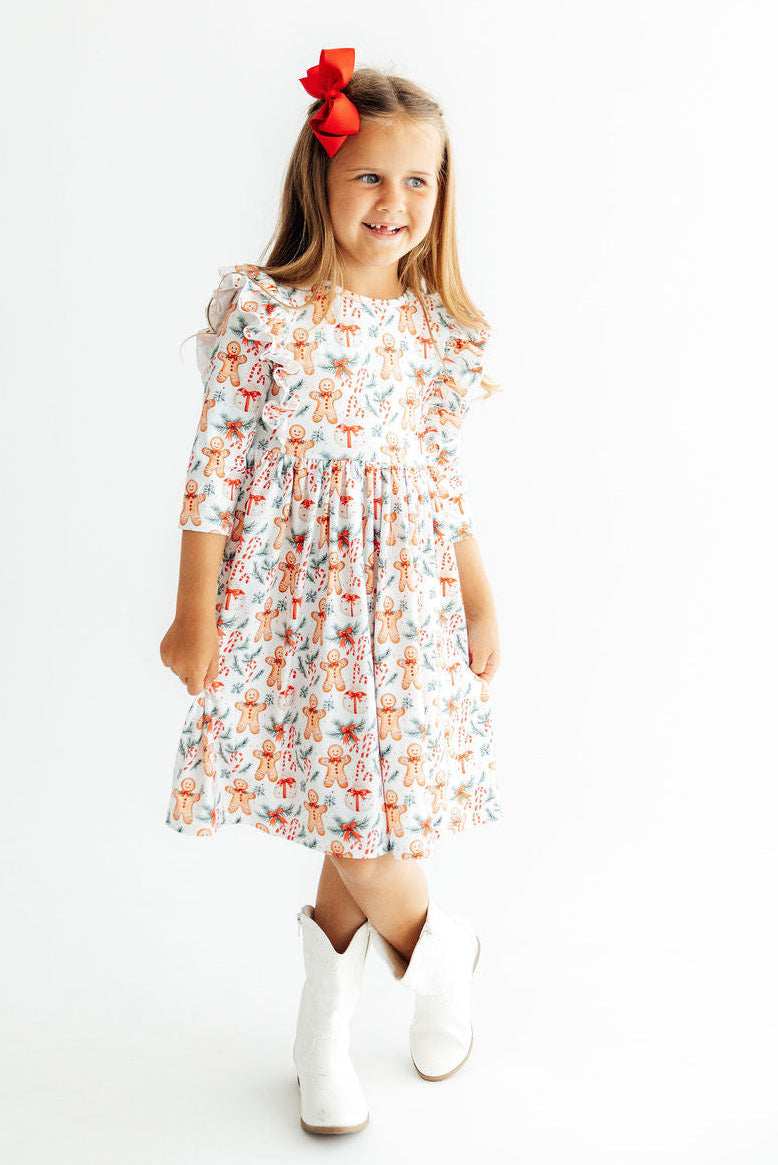Gingerbread Lane 3/4 Sleeve Ruffle Twirl Dress - Aaria Tees Aaria Tees