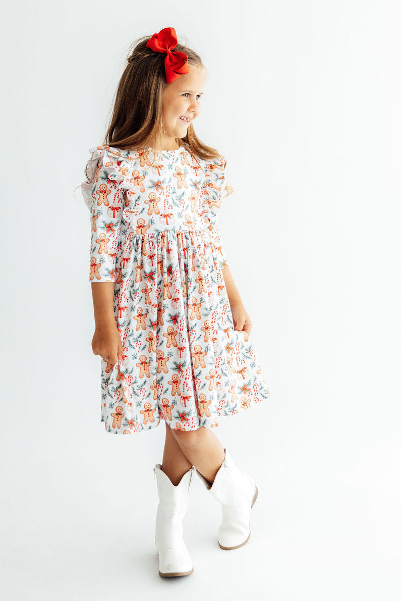 Gingerbread Lane 3/4 Sleeve Ruffle Twirl Dress - Aaria Tees Aaria Tees