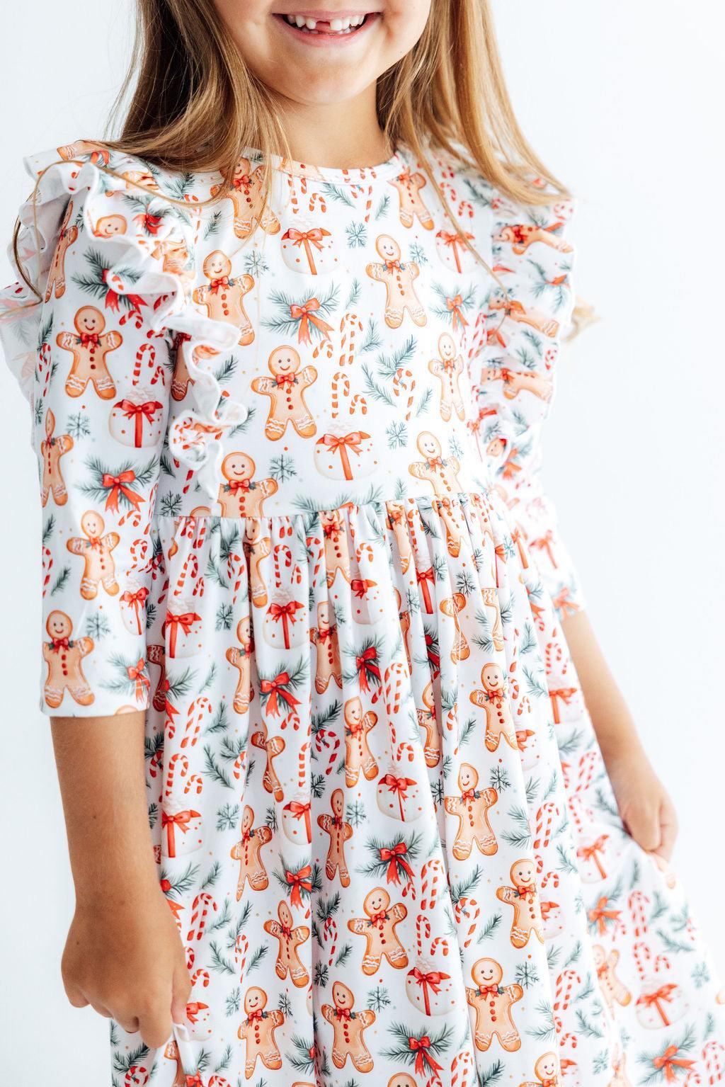 Gingerbread Lane 3/4 Sleeve Ruffle Twirl Dress - Aaria Tees Aaria Tees