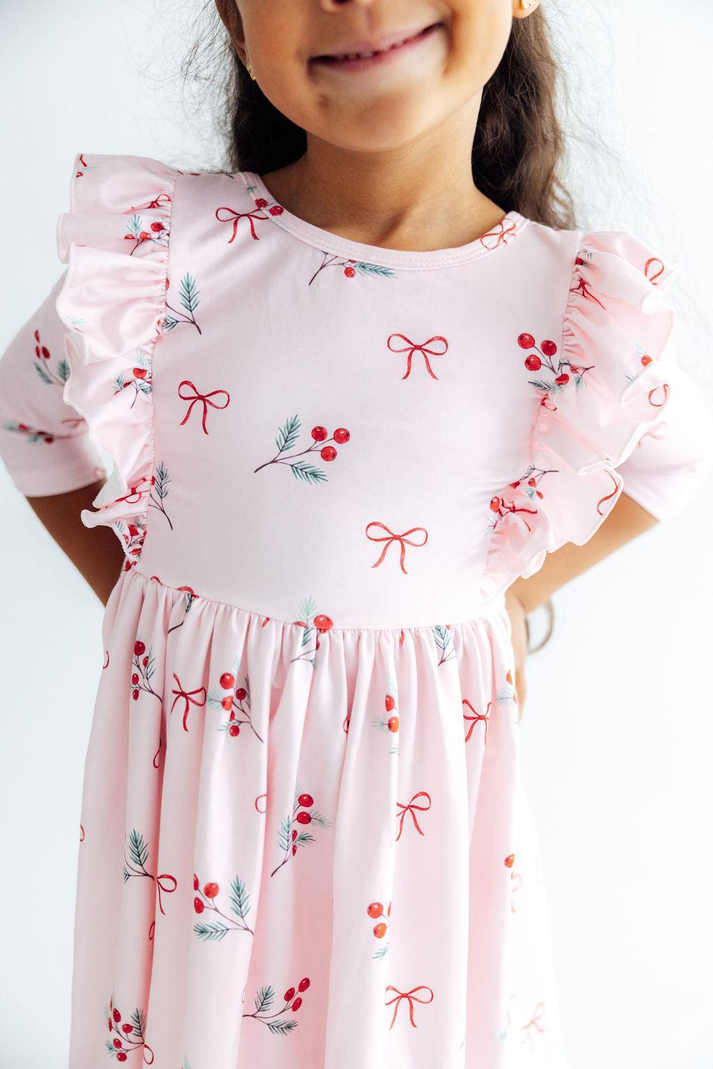 Winter Berries 3/4 Sleeve Ruffle Twirl Dress - Aaria Tees