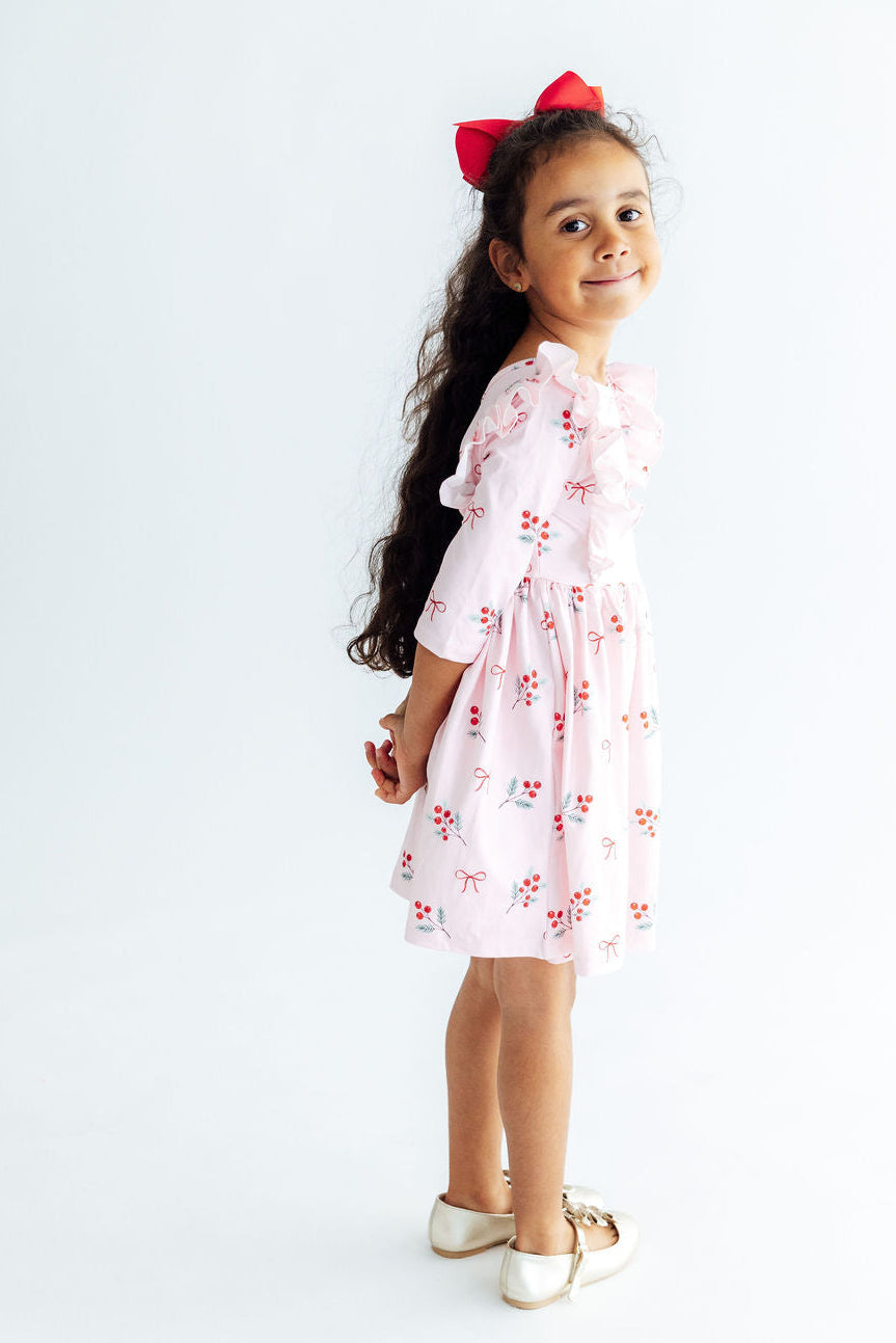 Winter Berries 3/4 Sleeve Ruffle Twirl Dress - Aaria Tees Aaria Tees