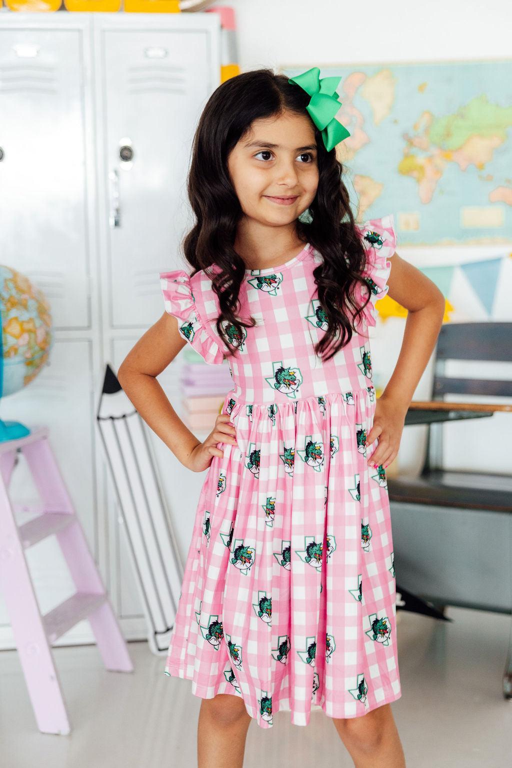 Southlake Carroll Gingham Dragons Flutter Twirl Dress - Aaria Tees Aaria Tees