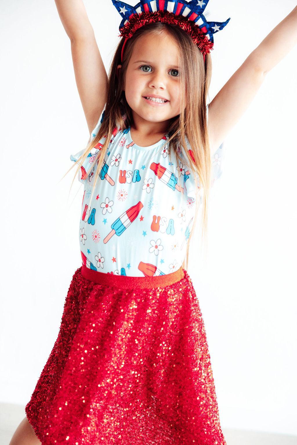 SALE Proudly Patriotic S/S Flutter Sleeve Leotard - Aaria Tees Aaria Tees