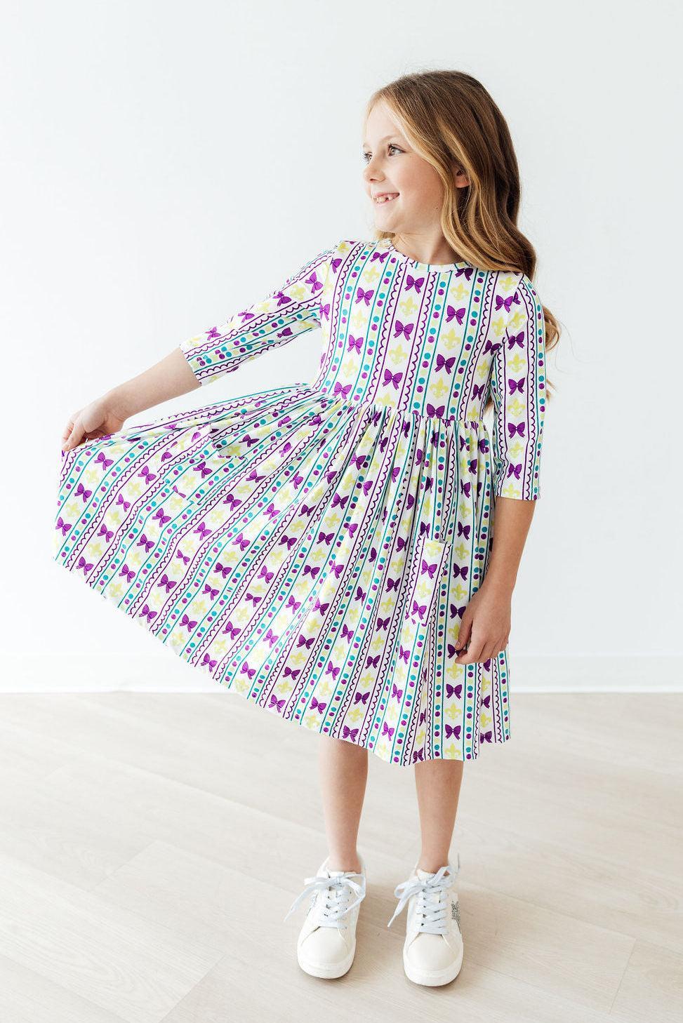 Mardi Gras 3/4 Sleeve Pocket Twirl Dress - Aaria Tees Aaria Tees