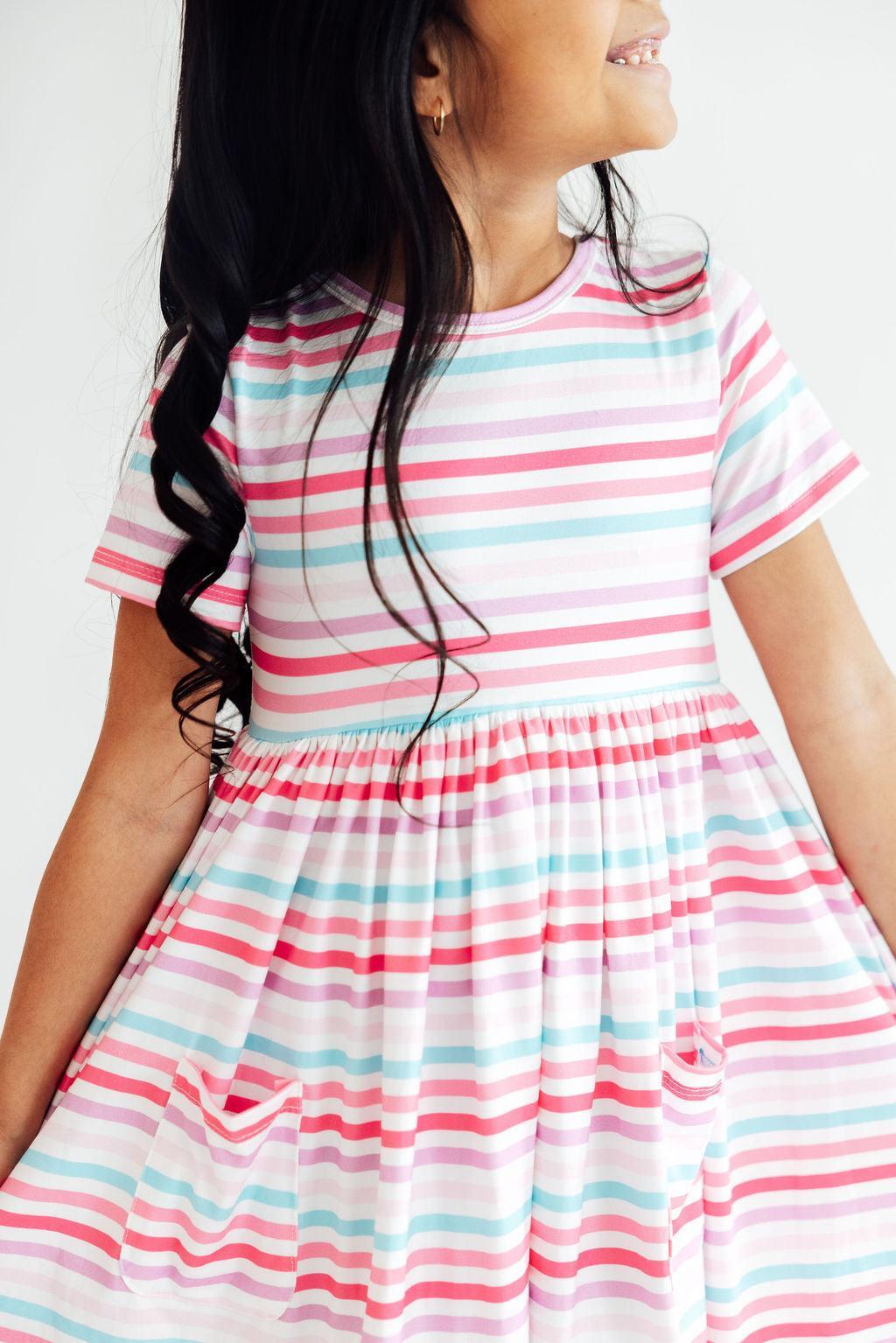 Pastel Stripes S/S Pocket Twirl Dress - Aaria Tees