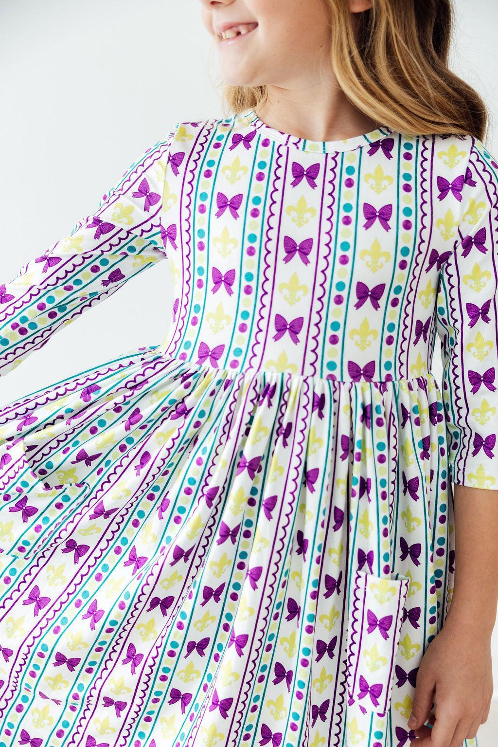 Mardi Gras 3/4 Sleeve Pocket Twirl Dress - Aaria Tees Aaria Tees