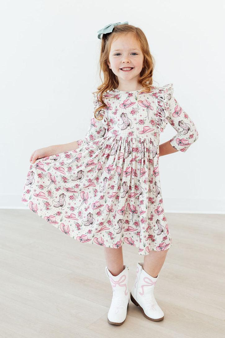 Cowgirl Cutie 3/4 Sleeve Ruffle Twirl Dress - Aaria Tees Aaria Tees
