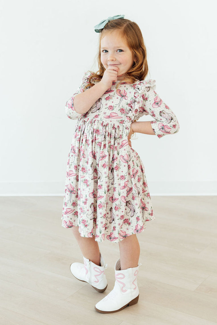 Cowgirl Cutie 3/4 Sleeve Ruffle Twirl Dress - Aaria Tees Aaria Tees