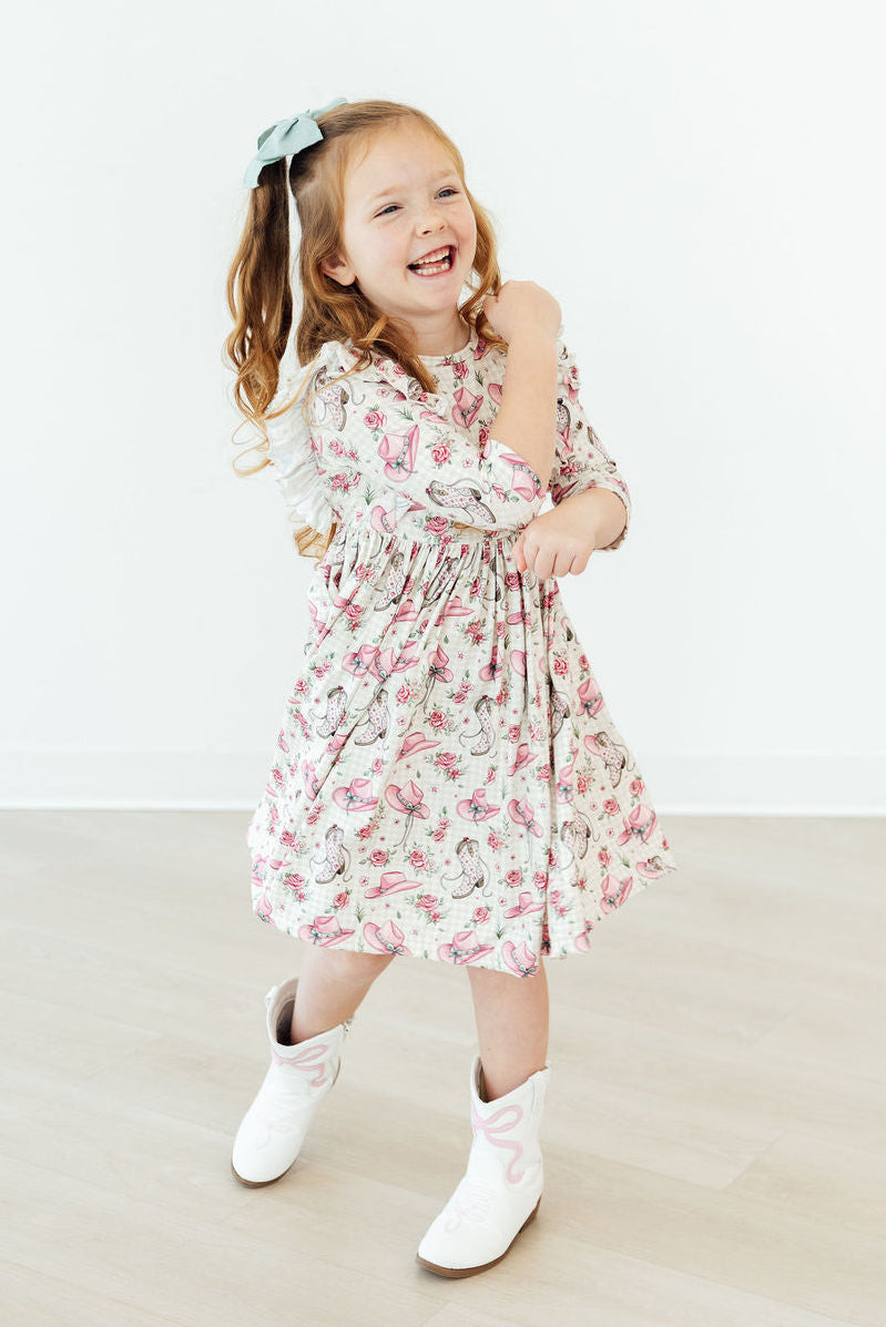 Cowgirl Cutie 3/4 Sleeve Ruffle Twirl Dress - Aaria Tees Aaria Tees