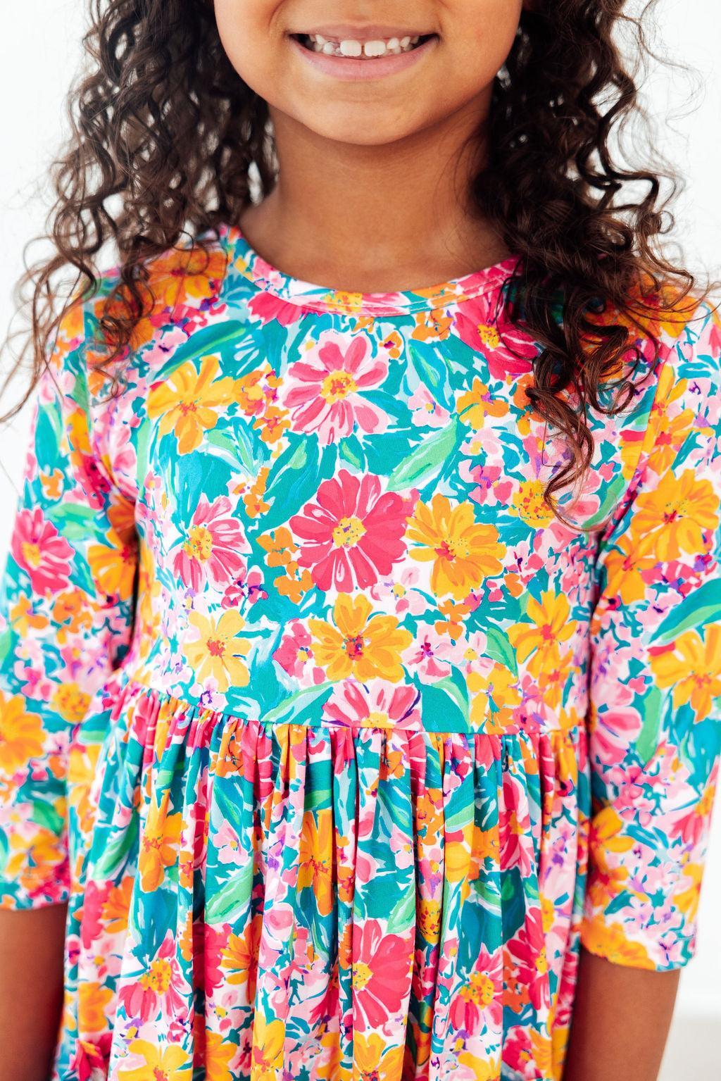 Floral Fiesta 3/4 Sleeve Pocket Twirl Dress - Aaria Tees