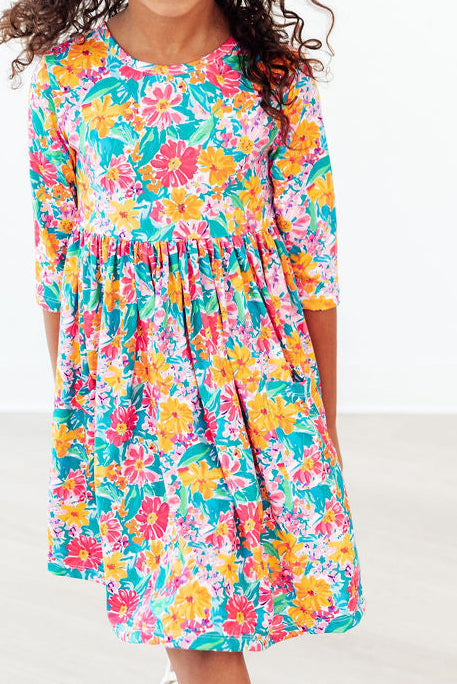 Floral Fiesta 3/4 Sleeve Pocket Twirl Dress - Aaria Tees Aaria Tees