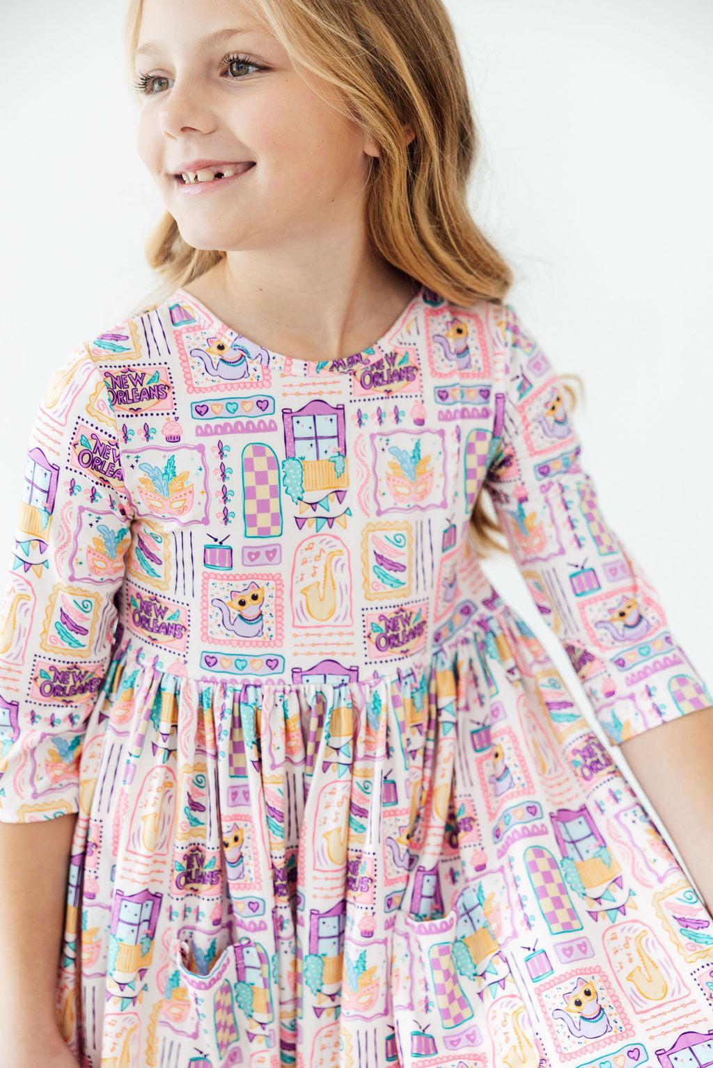 French Quarter Fun 3/4 Sleeve Pocket Twirl Dress - Aaria Tees Aaria Tees
