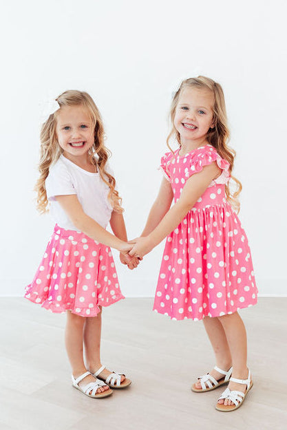 Pink Polka Dots Flutter Sleeve Twirl Dress - Aaria Tees Aaria Tees