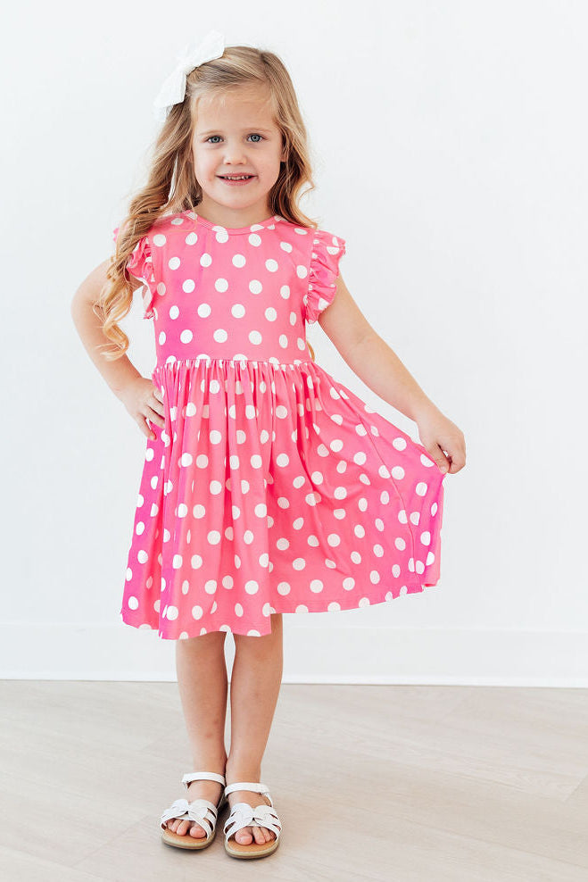 Pink Polka Dots Flutter Sleeve Twirl Dress - Aaria Tees Aaria Tees