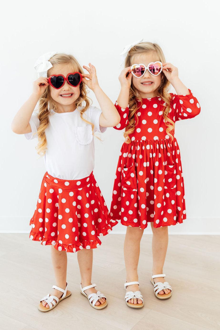 Red Polka Dots 3/4 Sleeve Pocket Twirl Dress - Aaria Tees Aaria Tees
