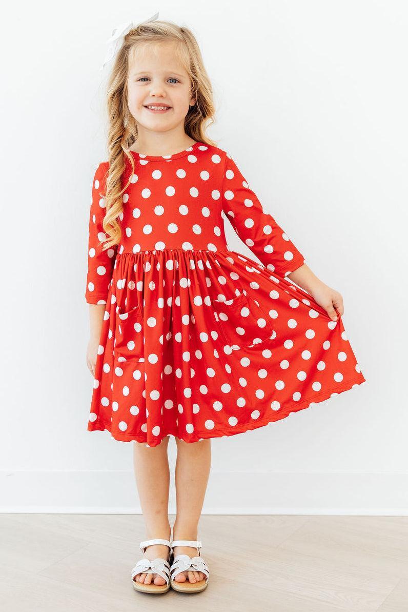 Red Polka Dots 3/4 Sleeve Pocket Twirl Dress - Aaria Tees Aaria Tees
