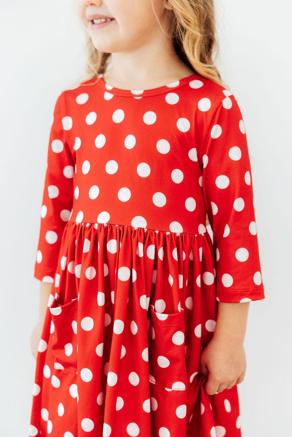 Red Polka Dots 3/4 Sleeve Pocket Twirl Dress - Aaria Tees Aaria Tees